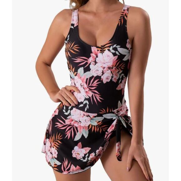 Eomenie Swim Dress 2XL Floral Black Pink One Piece Swimsuit Adjustable Straps - Picture 1 of 7
